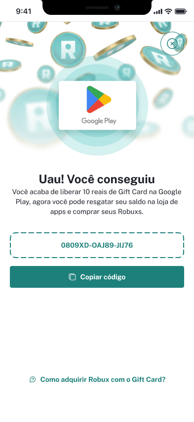 Tela de resgate de código no app